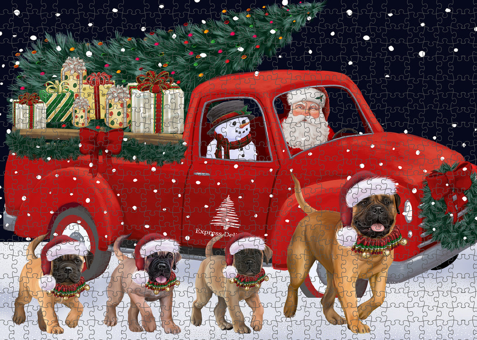 Christmas Express Delivery Red Truck Running Bullmastiff Dogs Puzzle with Photo Tin PUZL99640