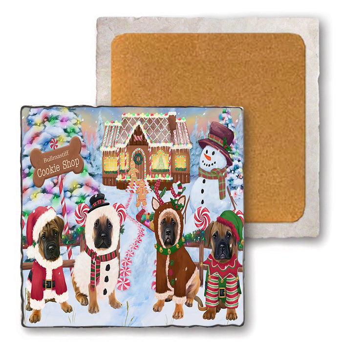 Holiday Gingerbread Cookie Shop Bullmastiffs Dog Set of 4 Natural Stone Marble Tile Coasters MCST51388