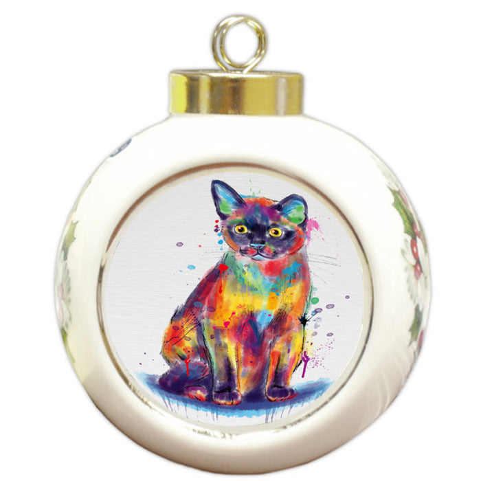 Watercolor Burmese Cat Round Ball Christmas Ornament RBPOR58477
