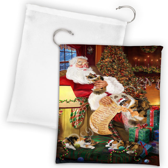 Santa Sleeping with Calico Cats Drawstring Laundry or Gift Bag LGB48796