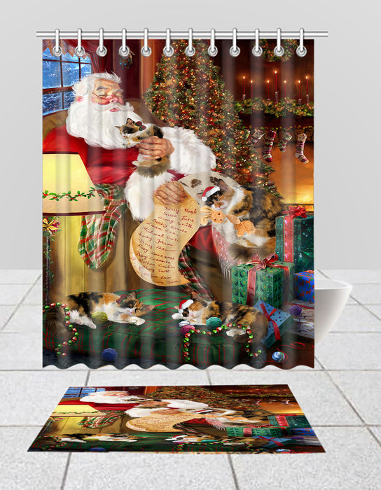 Santa Sleeping with Calico Cats  Bath Mat and Shower Curtain Combo