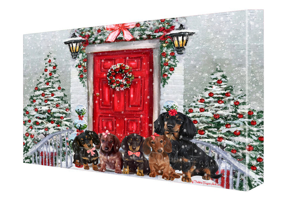 Christmas Holiday Welcome Red Door Dachshund Dogs Canvas Wall Art - Premium Quality Ready to Hang Room Decor Wall Art Canvas - Unique Animal Printed Digital Painting for Decoration