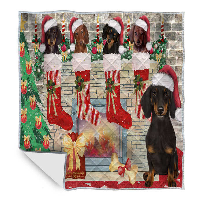 Christmas Stocking Dachshund Dogs Quilt Bed Coverlet Bedspread - Pets Comforter Unique One-side Animal Printing - Soft Lightweight Durable Washable Polyester Quilt