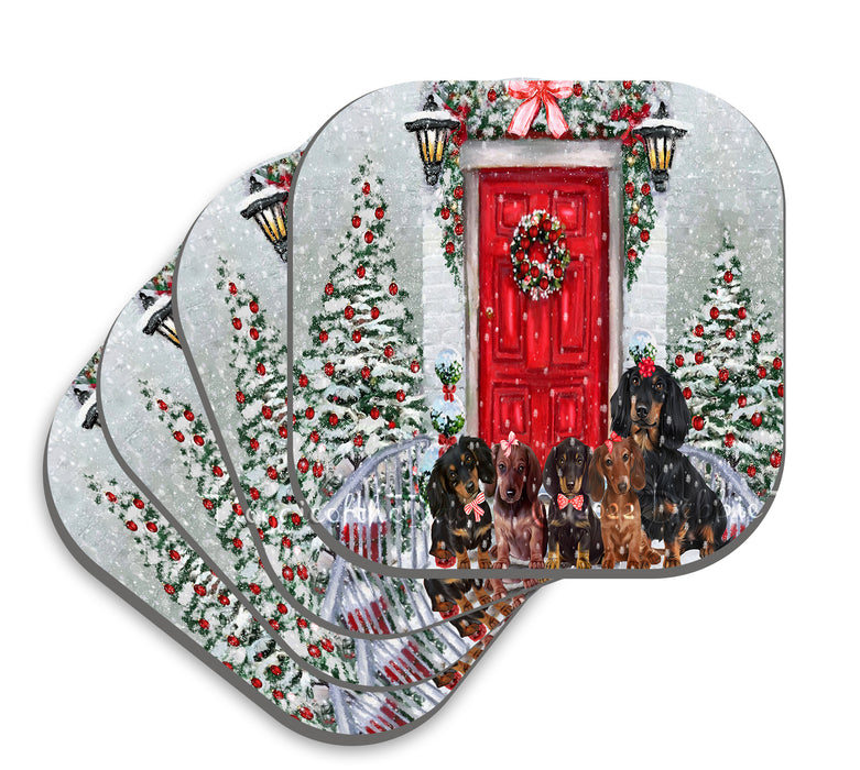 Christmas Holiday Welcome Red Door Dachshund Dog Coasters Set of 4