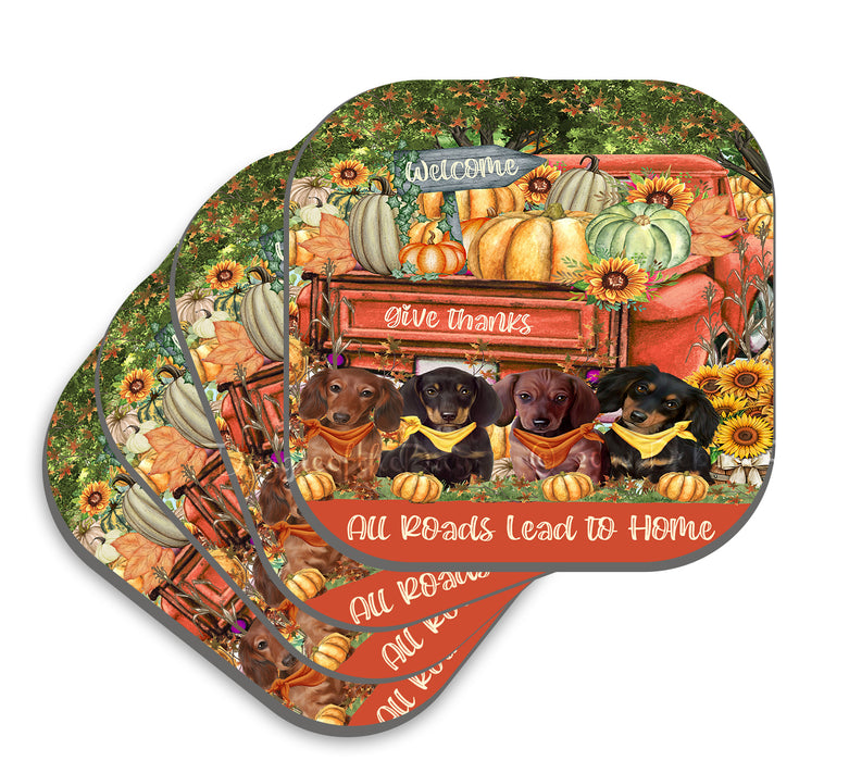 All Roads Lead to Home Orange Truck Harvest Fall Pumpkin Dachshund Dog Coasters Set of 4