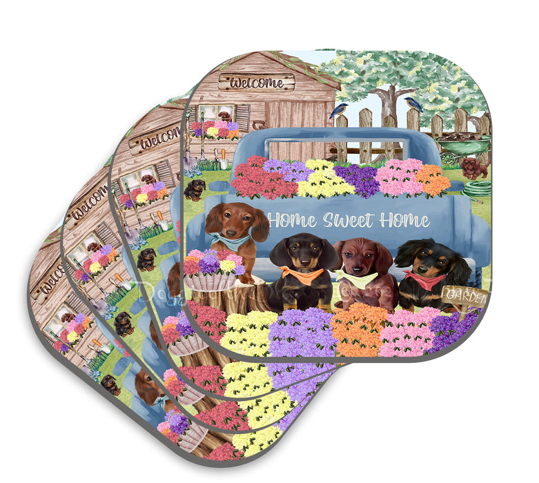 Rhododendron Home Sweet Home Garden Blue Truck Dachshund Dog Coasters Set of 4