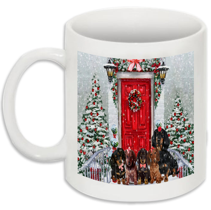 Christmas Holiday Welcome Red Door Dachshund Dog Coffee Mug