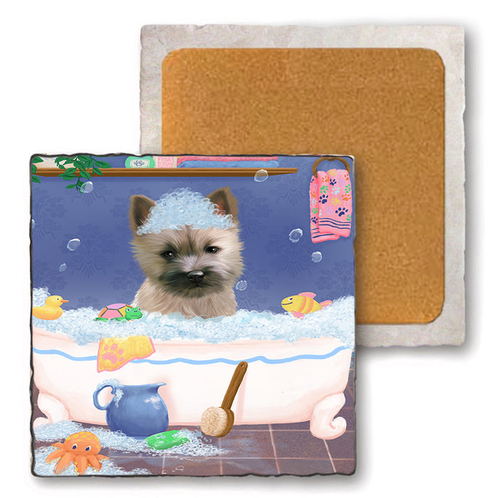 Rub A Dub Dog In A Tub Cairn Terrier Dog Set of 4 Natural Stone Marble Tile Coasters MCST52332