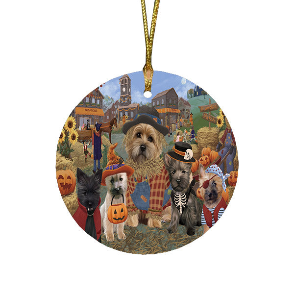 Halloween 'Round Town And Fall Pumpkin Scarecrow Both Cairn Terrier Dogs Round Flat Christmas Ornament RFPOR57389