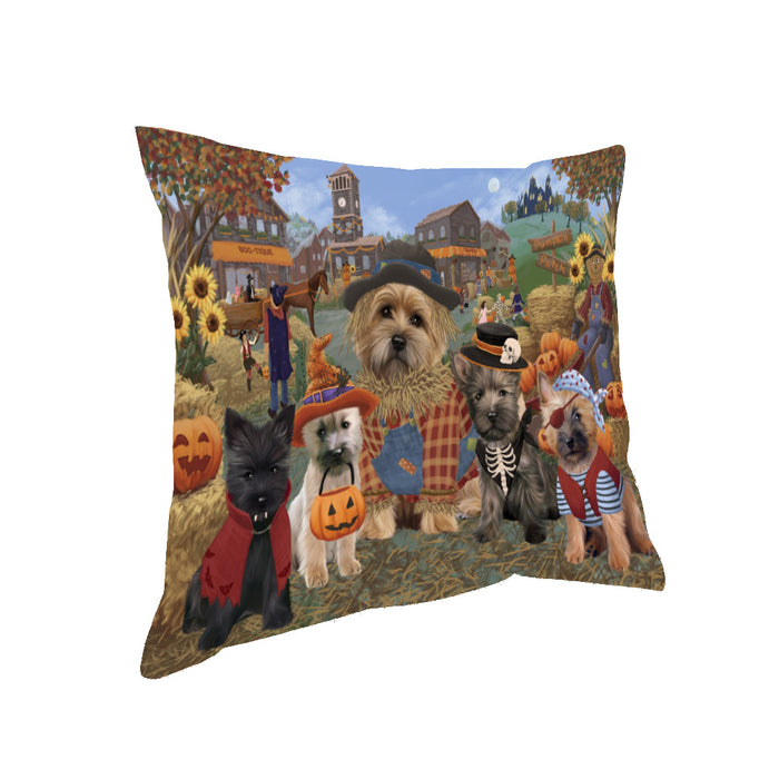 Halloween 'Round Town And Fall Pumpkin Scarecrow Both Cairn Terrier Dogs Pillow PIL82340