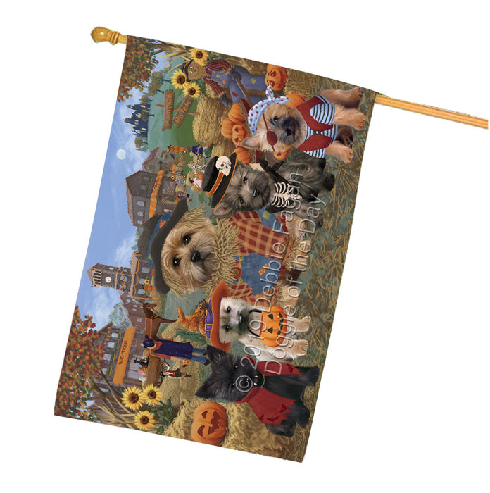 Halloween 'Round Town And Fall Pumpkin Scarecrow Both Cairn Terrier Dogs House Flag FLG65641
