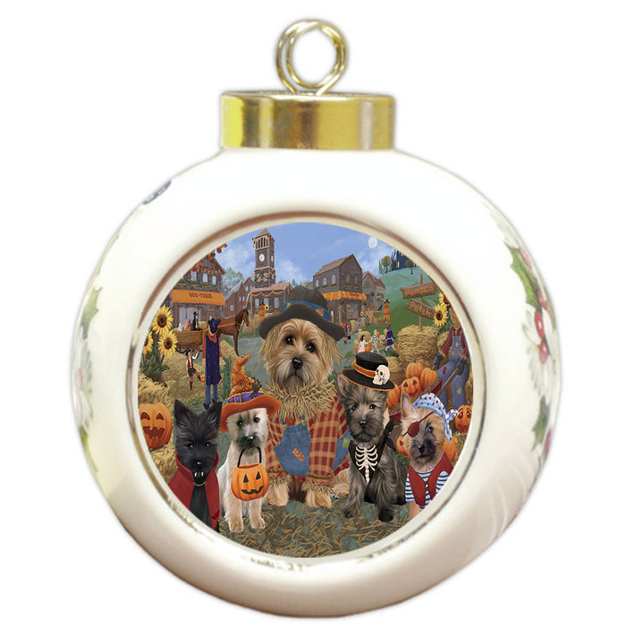 Halloween 'Round Town And Fall Pumpkin Scarecrow Both Cairn Terrier Dogs Round Ball Christmas Ornament RBPOR57389