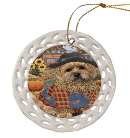 Fall Pumpkin Scarecrow Cairn Terrier Dogs Ceramic Doily Ornament DPOR57546
