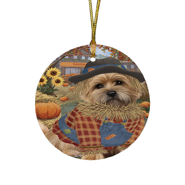 Halloween 'Round Town And Fall Pumpkin Scarecrow Both Cairn Terrier Dogs Round Flat Christmas Ornament RFPOR57450
