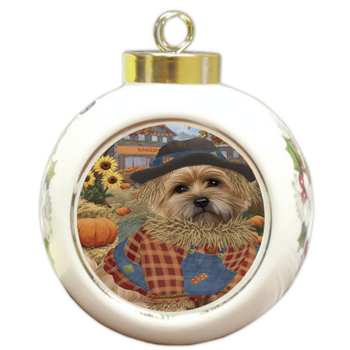 Halloween 'Round Town And Fall Pumpkin Scarecrow Both Cairn Terrier Dogs Round Ball Christmas Ornament RBPOR57450