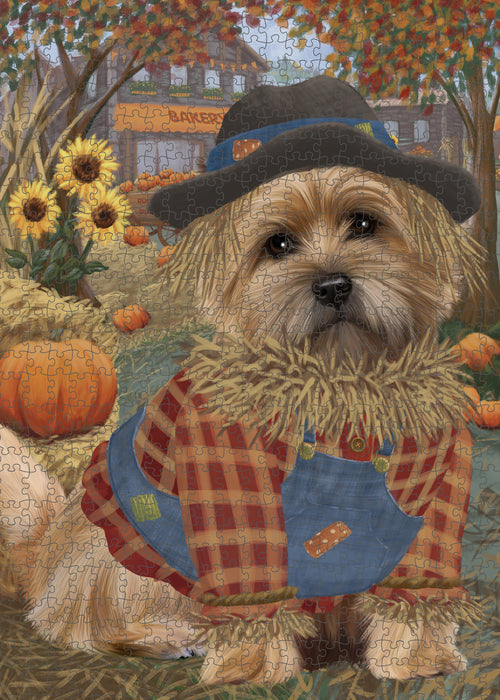 Halloween 'Round Town And Fall Pumpkin Scarecrow Both Cairn Terrier Dogs Puzzle with Photo Tin PUZL96492