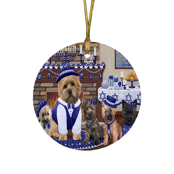 Happy Hanukkah Family and Happy Hanukkah Both Cairn Terrier Dogs Round Flat Christmas Ornament RFPOR57511