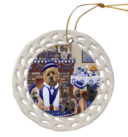 Happy Hanukkah Family Cairn Terrier Dogs Ceramic Doily Ornament DPOR57607