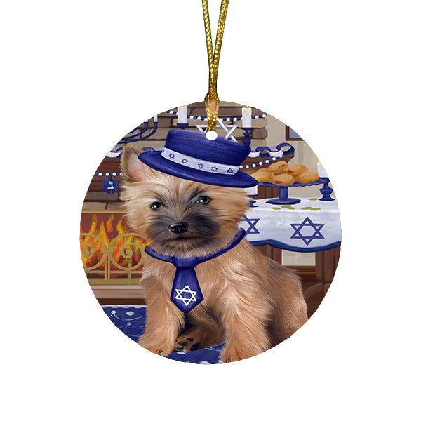 Happy Hanukkah Family and Happy Hanukkah Both Cairn Terrier Dog Round Flat Christmas Ornament RFPOR57567