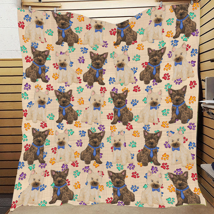 Rainbow Paw Print Cairn Terrier Dogs Blue Quilt