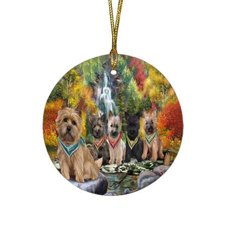 Scenic Waterfall Cairn Terriers Dog Round Flat Christmas Ornament RFPOR49708
