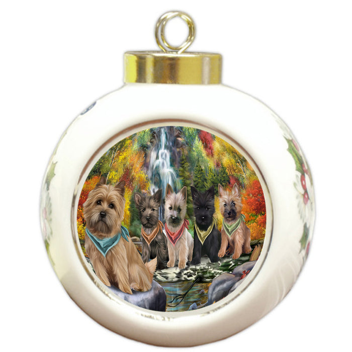 Scenic Waterfall Cairn Terriers Dog Round Ball Christmas Ornament RBPOR49717