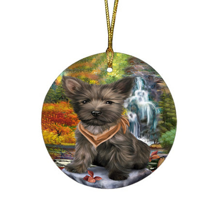 Scenic Waterfall Cairn Terrier Dog Round Flat Christmas Ornament RFPOR49709