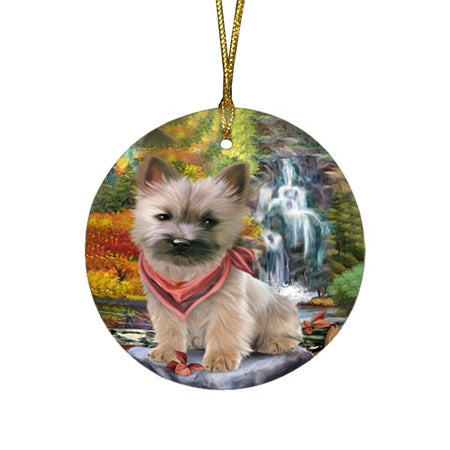 Scenic Waterfall Cairn Terrier Dog Round Flat Christmas Ornament RFPOR49710