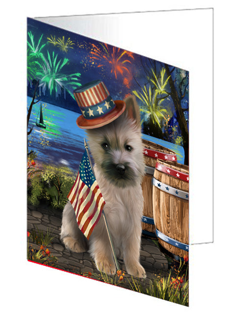 4th of July Independence Day Fireworks Cairn Terrier Dog at the Lake Handmade Artwork Assorted Pets Greeting Cards and Note Cards with Envelopes for All Occasions and Holiday Seasons GCD56876