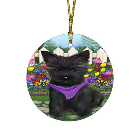 Spring Floral Cairn Terrier Dog Round Flat Christmas Ornament RFPOR49822