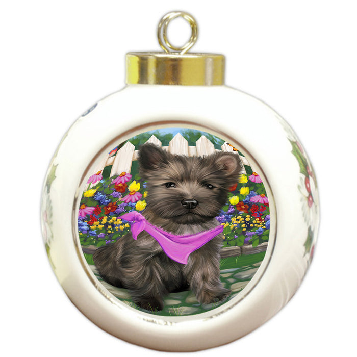 Spring Floral Cairn Terrier Dog Round Ball Christmas Ornament RBPOR49832