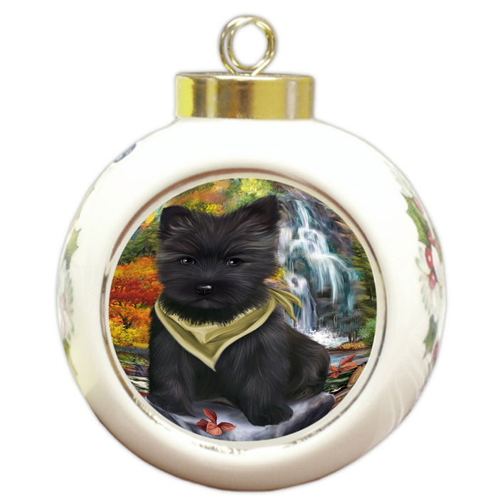 Scenic Waterfall Cairn Terrier Dog Round Ball Christmas Ornament RBPOR49720
