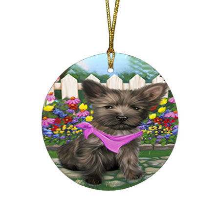 Spring Floral Cairn Terrier Dog Round Flat Christmas Ornament RFPOR49823