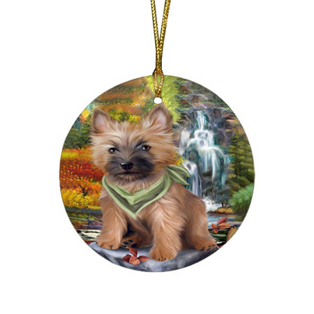Scenic Waterfall Cairn Terrier Dog Round Flat Christmas Ornament RFPOR49712