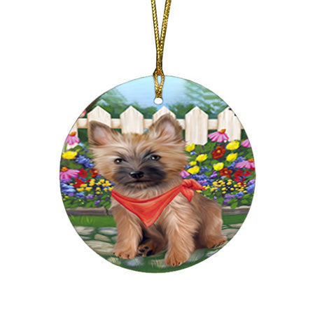 Spring Floral Cairn Terrier Dog Round Flat Christmas Ornament RFPOR49824