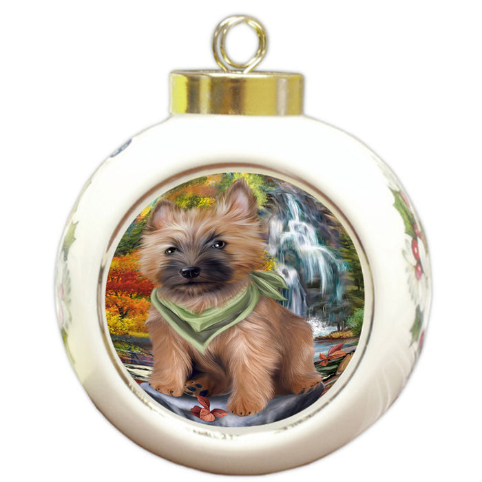 Scenic Waterfall Cairn Terrier Dog Round Ball Christmas Ornament RBPOR49721