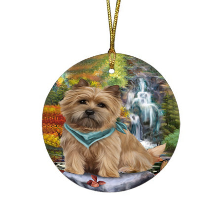 Scenic Waterfall Cairn Terrier Dog Round Flat Christmas Ornament RFPOR49713