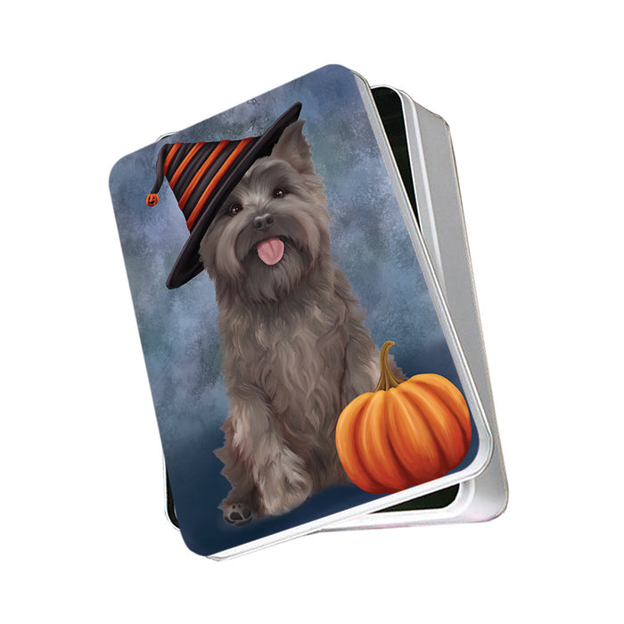 Happy Halloween Cairn Terrier Dog Wearing Witch Hat with Pumpkin Photo Storage Tin PITN54816
