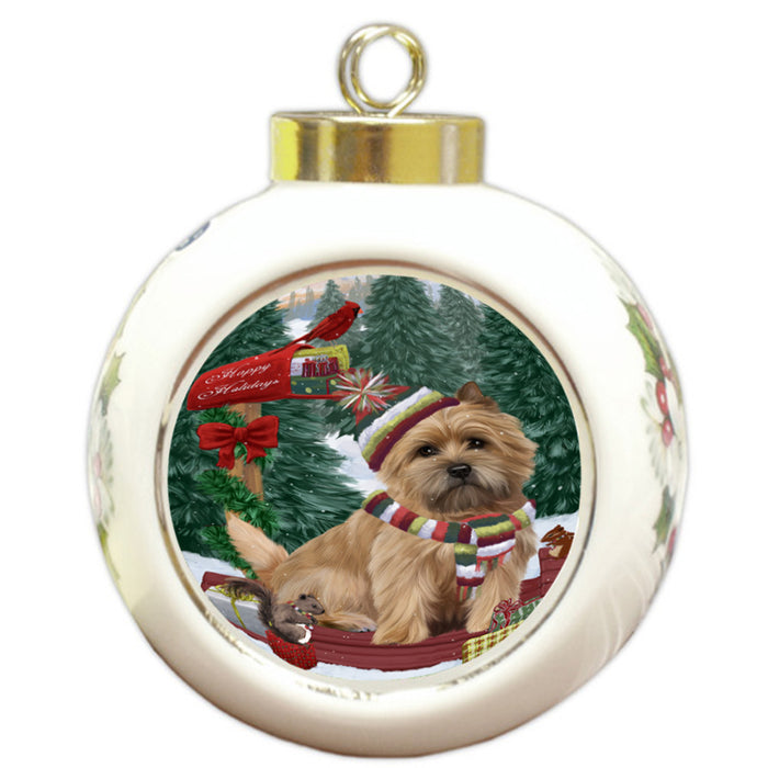 Merry Christmas Woodland Sled Cairn Terrier Dog Round Ball Christmas Ornament RBPOR55238