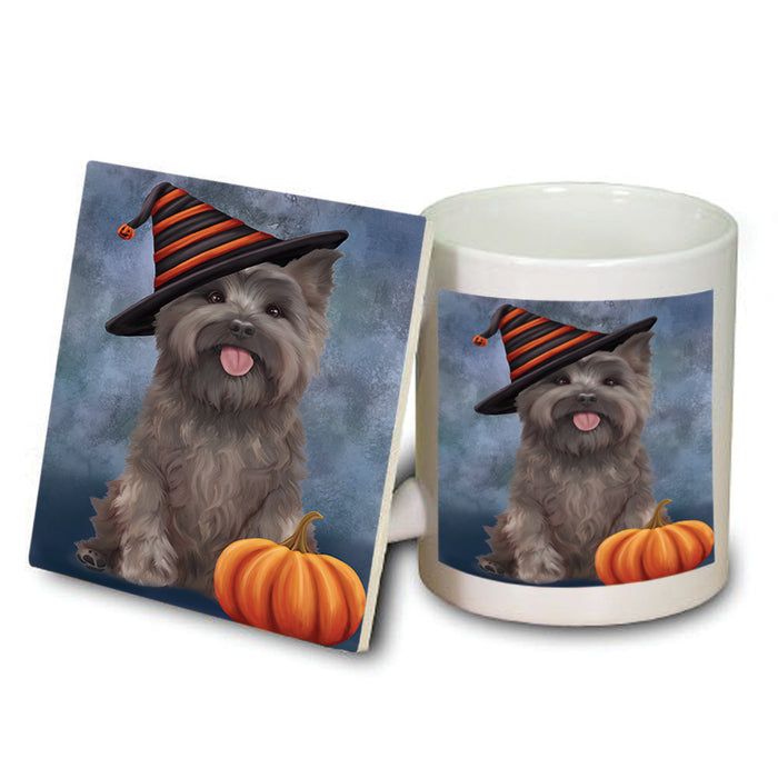 Happy Halloween Cairn Terrier Dog Wearing Witch Hat with Pumpkin Mug and Coaster Set MUC54865