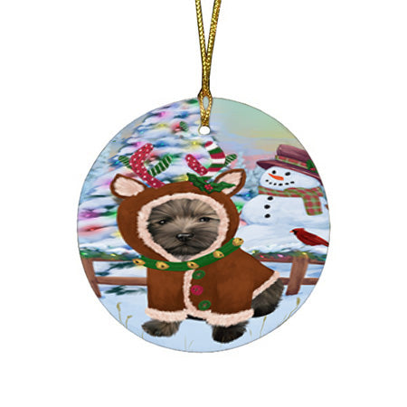Christmas Gingerbread House Candyfest Cairn Terrier Dog Round Flat Christmas Ornament RFPOR56646