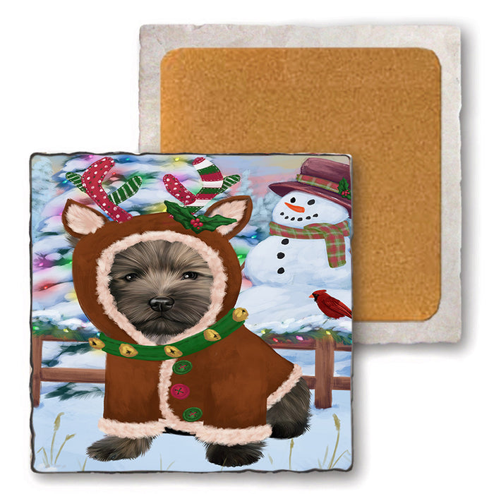 Christmas Gingerbread House Candyfest Cairn Terrier Dog Set of 4 Natural Stone Marble Tile Coasters MCST51290