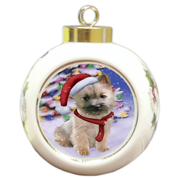 Winterland Wonderland Cairn Terrier Dog In Christmas Holiday Scenic Background  Round Ball Christmas Ornament RBPOR53373