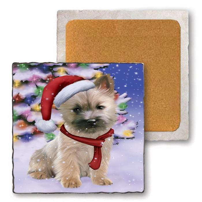 Winterland Wonderland Cairn Terrier Dog In Christmas Holiday Scenic Background  Set of 4 Natural Stone Marble Tile Coasters MCST48373