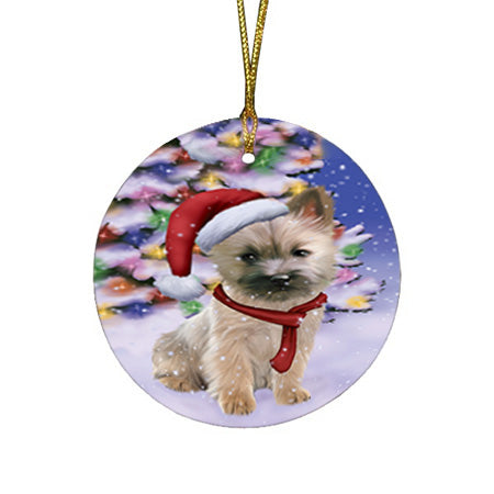 Winterland Wonderland Cairn Terrier Dog In Christmas Holiday Scenic Background  Round Flat Christmas Ornament RFPOR53364