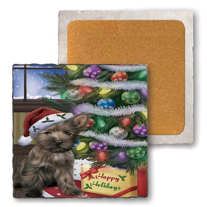 Christmas Happy Holidays Cairn Terrier Dog with Tree and Presents Set of 4 Natural Stone Marble Tile Coasters MCST48812