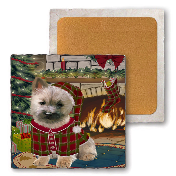 The Stocking was Hung Cairn Terrier Dog Set of 4 Natural Stone Marble Tile Coasters MCST50260