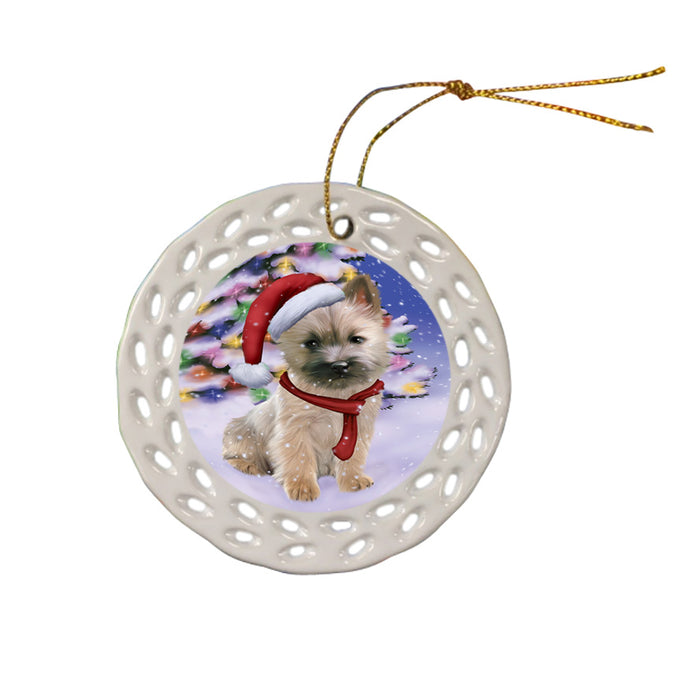 Winterland Wonderland Cairn Terrier Dog In Christmas Holiday Scenic Background  Ceramic Doily Ornament DPOR53373