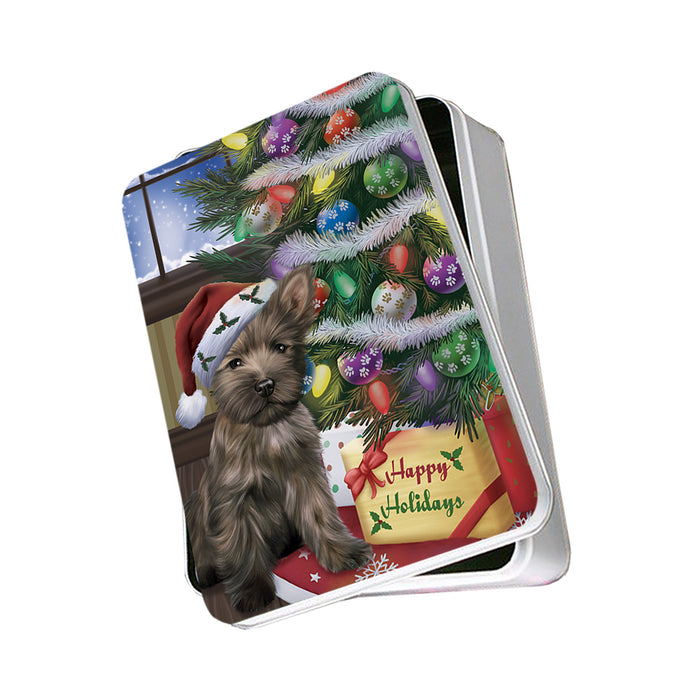 Christmas Happy Holidays Cairn Terrier Dog with Tree and Presents Photo Storage Tin PITN53755