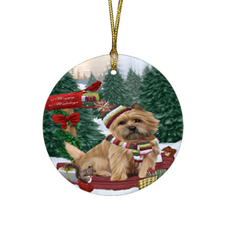 Merry Christmas Woodland Sled Cairn Terrier Dog Round Flat Christmas Ornament RFPOR55238